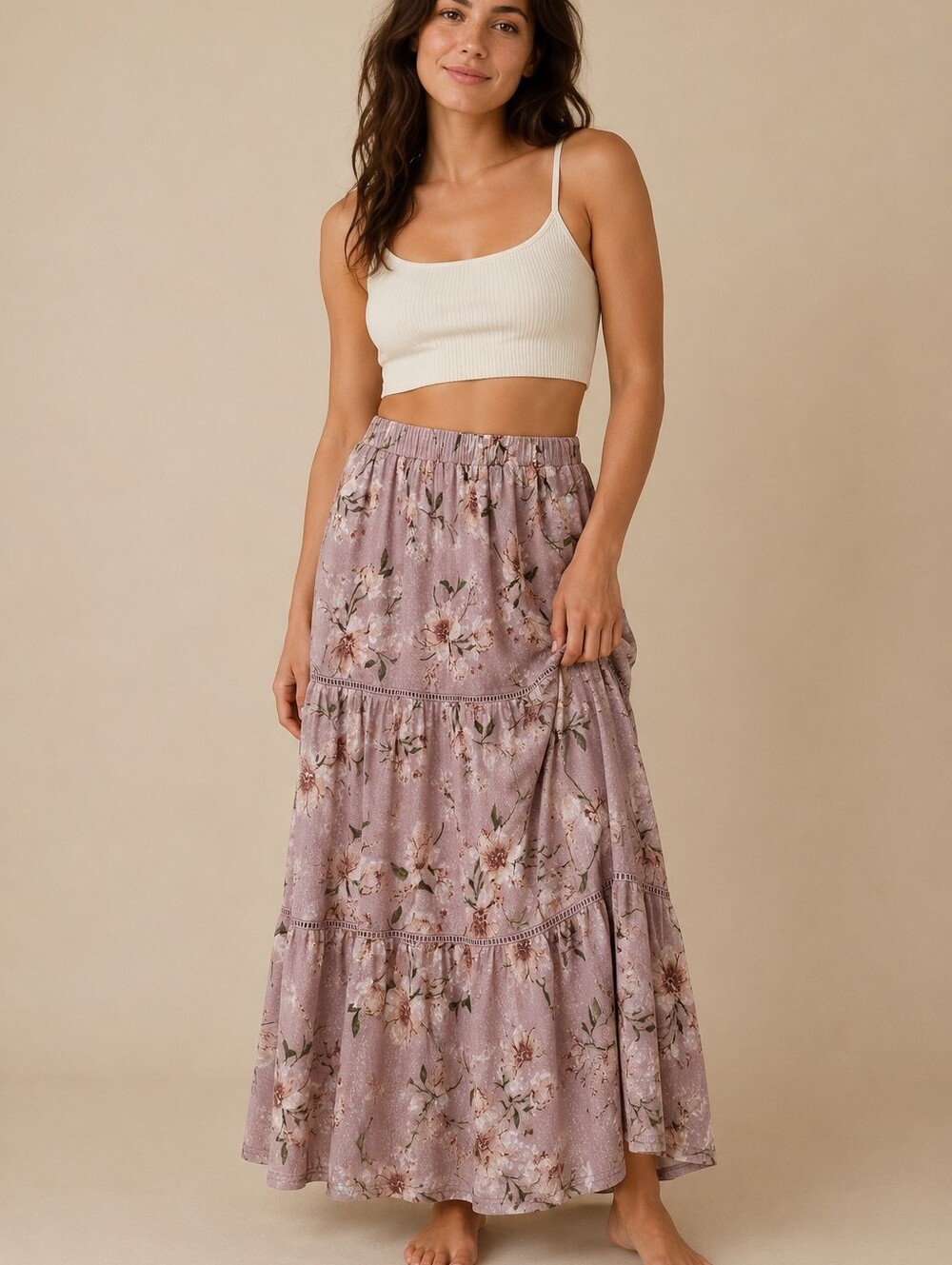 Ember Boho Floral Maxi Skirt NWT Flowy Floral Mesh Tiered Pull-On Lined L